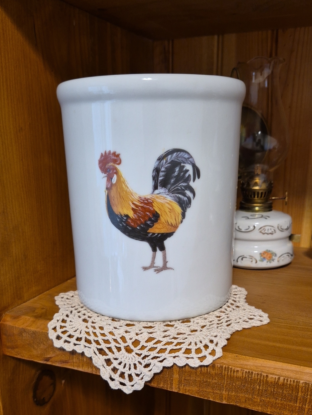 White Ceramic Crock with Rooster Motif